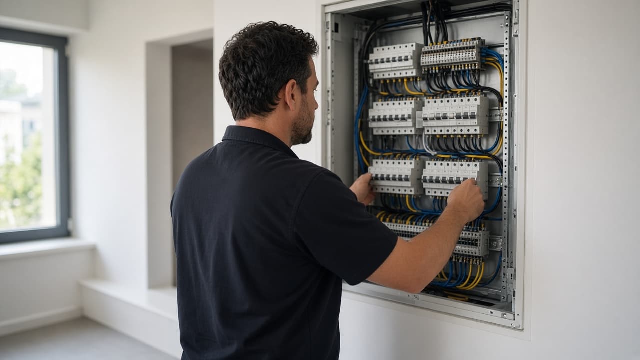 Düzenli bir elektrik panosu üzerinde çalışan teknisyen